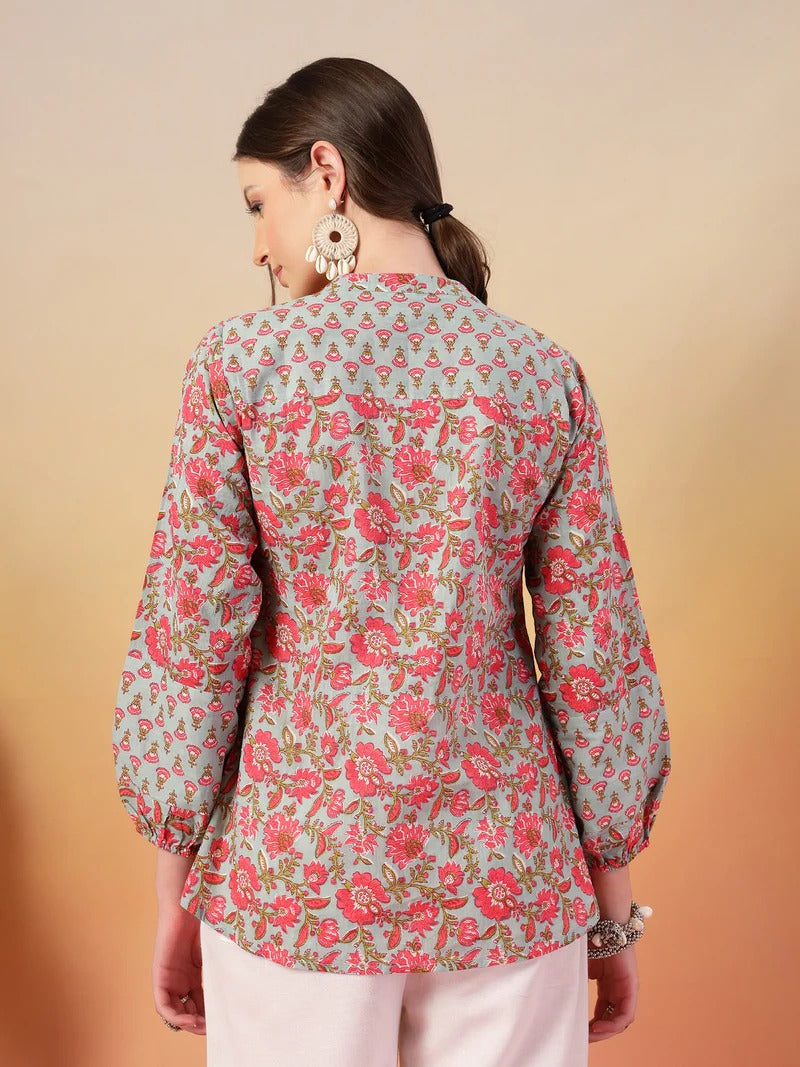Stylum Floral Print Mandarin Collar Puff Sleeves Cotton Empire Top