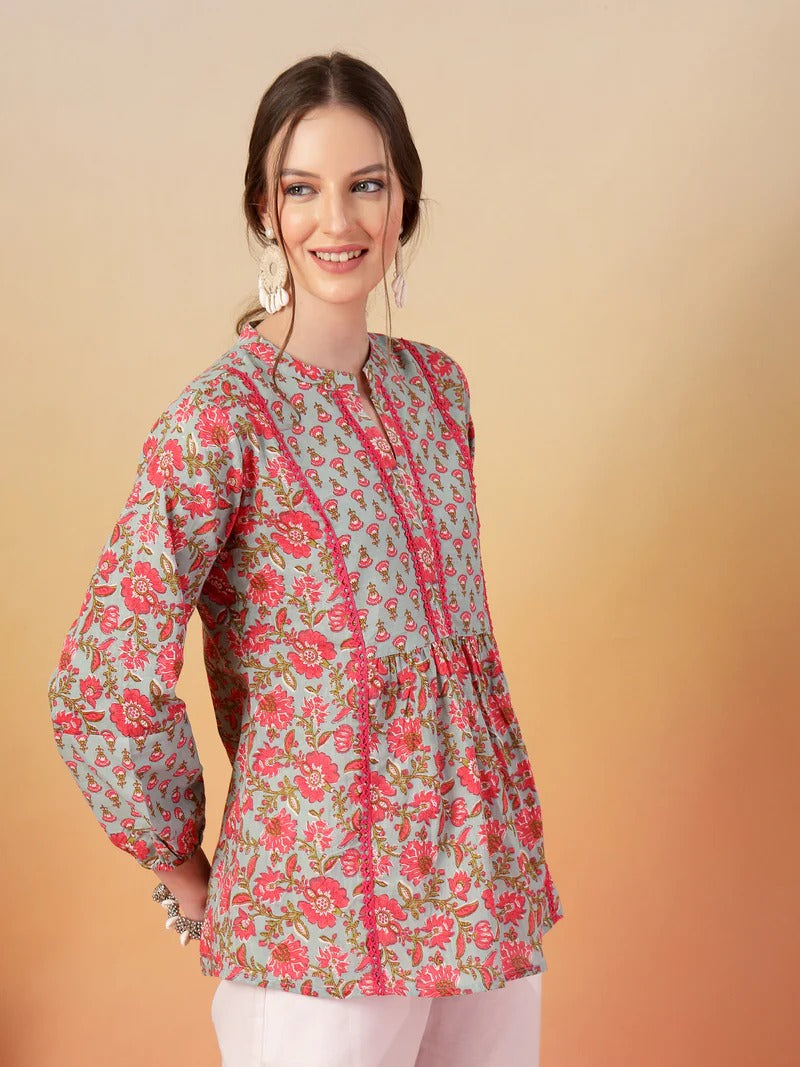 Stylum Floral Print Mandarin Collar Puff Sleeves Cotton Empire Top