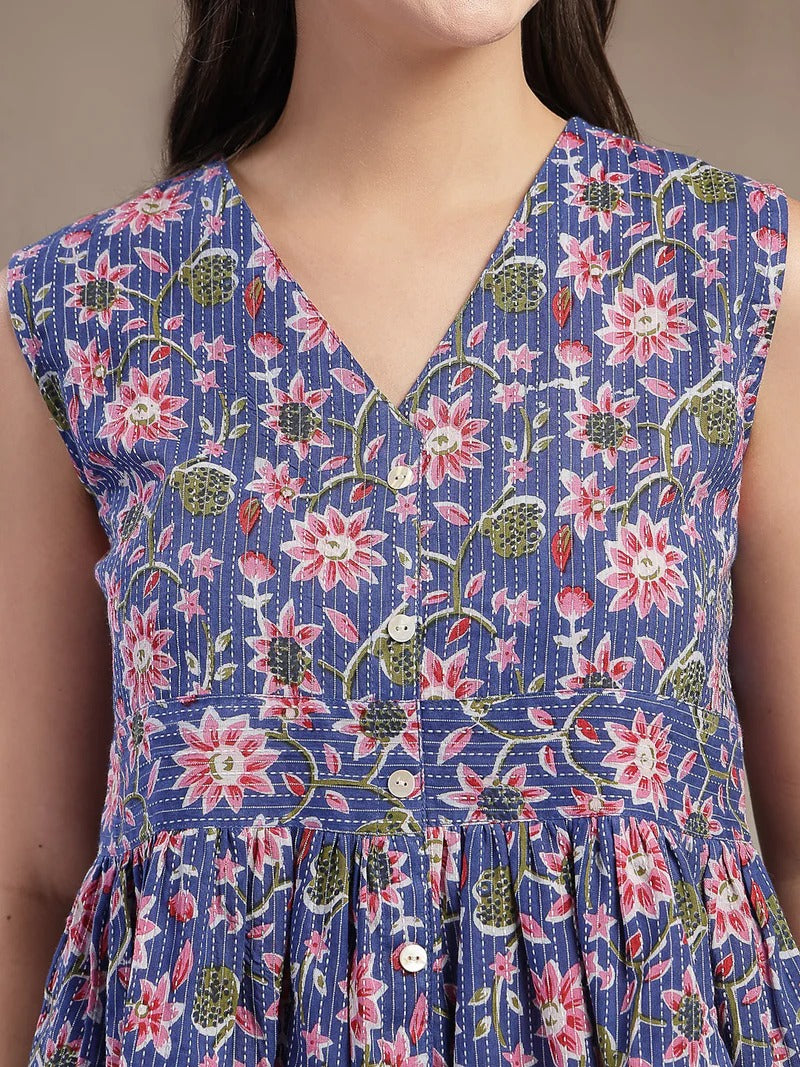 Stylum Women's Blue Floral Printed Katha Cotton Co-Ord Set