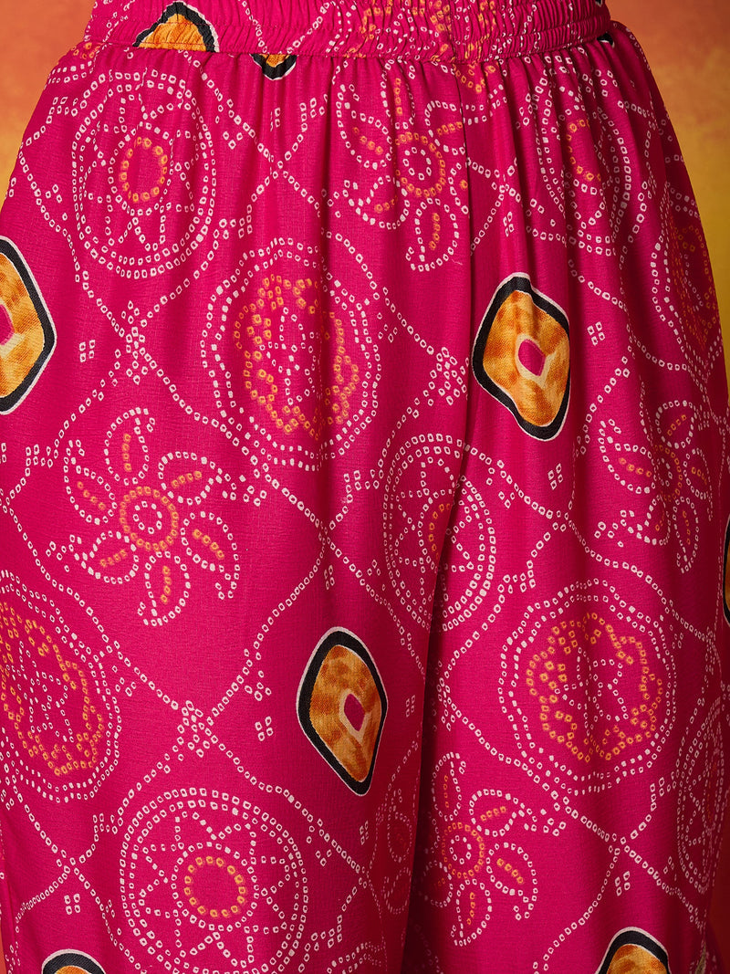 Stylum Women's Pink Bandhej Printed Crepe Straight Kurta Sharara Dupatta Set