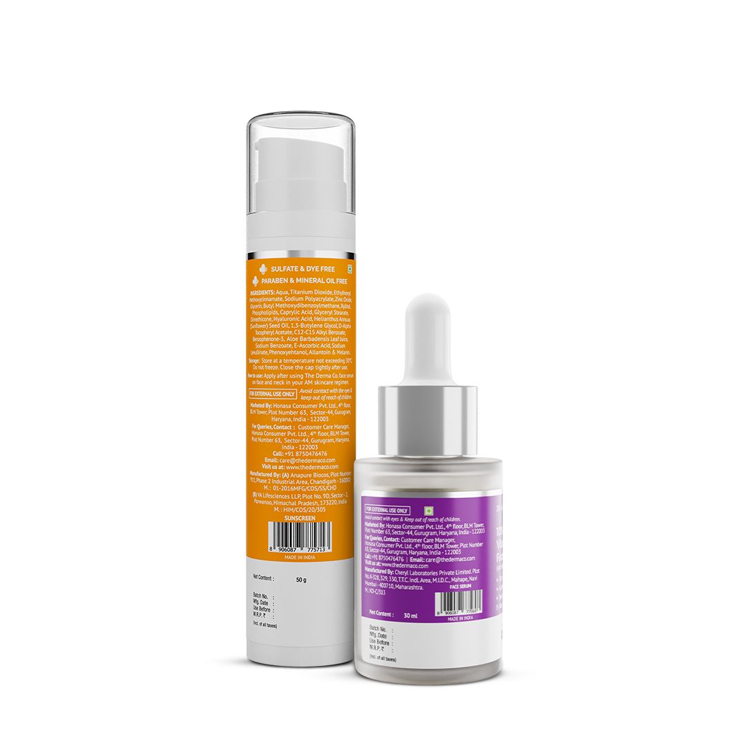 Derma Co Radiant Skin Combo (1% Hyaluronic Sunscreen Aqua Gel + 10% Vitamin C Face Serum 30ml Combo)