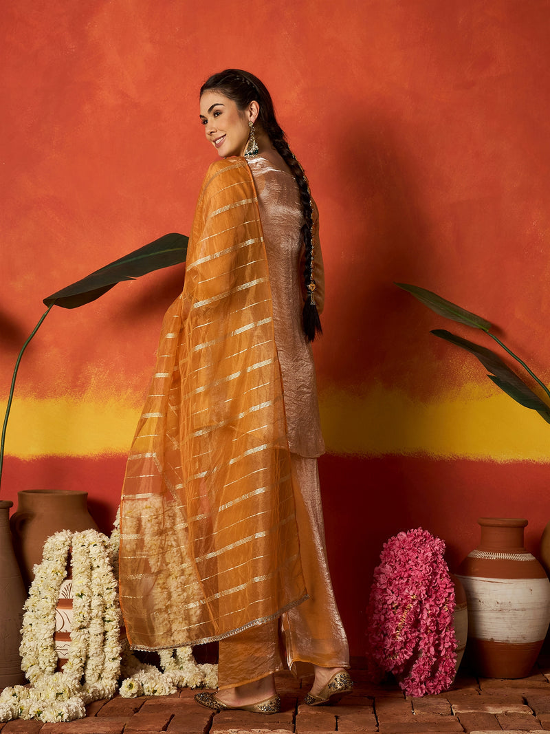 Stylum Women's Mustard Solid & Embroidered Silk A-Line Short Kurti Palazzo With Dupatta