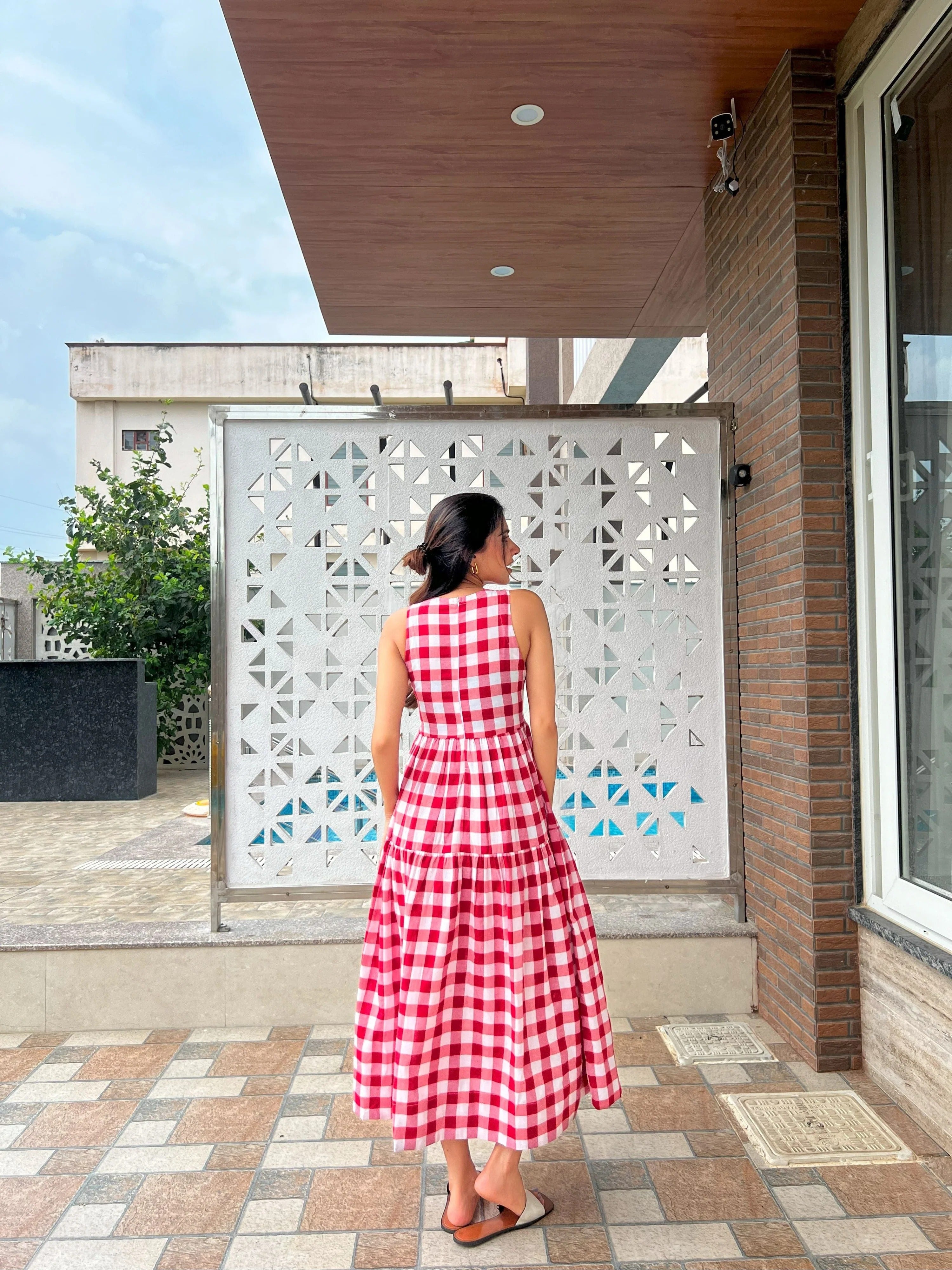 Sugnaa Classic A-Line Gingham Dress - White & Red
