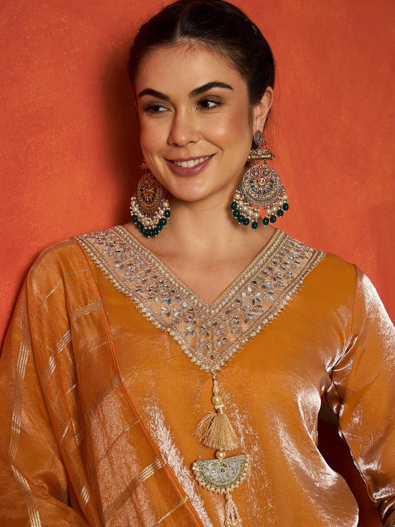 Stylum Women's Mustard Solid & Embroidered Silk A-Line Short Kurti Palazzo With Dupatta