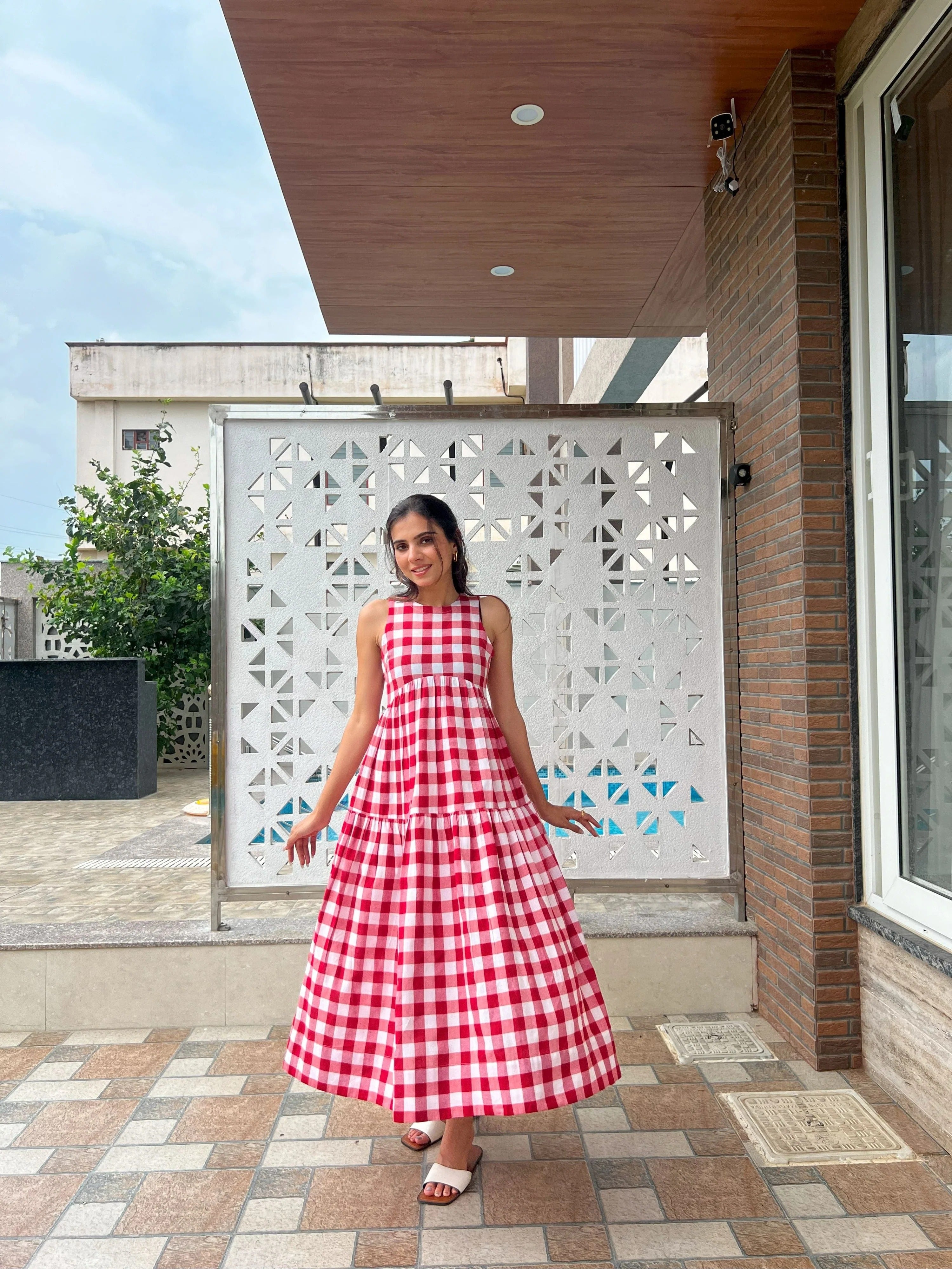 Sugnaa Classic A-Line Gingham Dress - White & Red