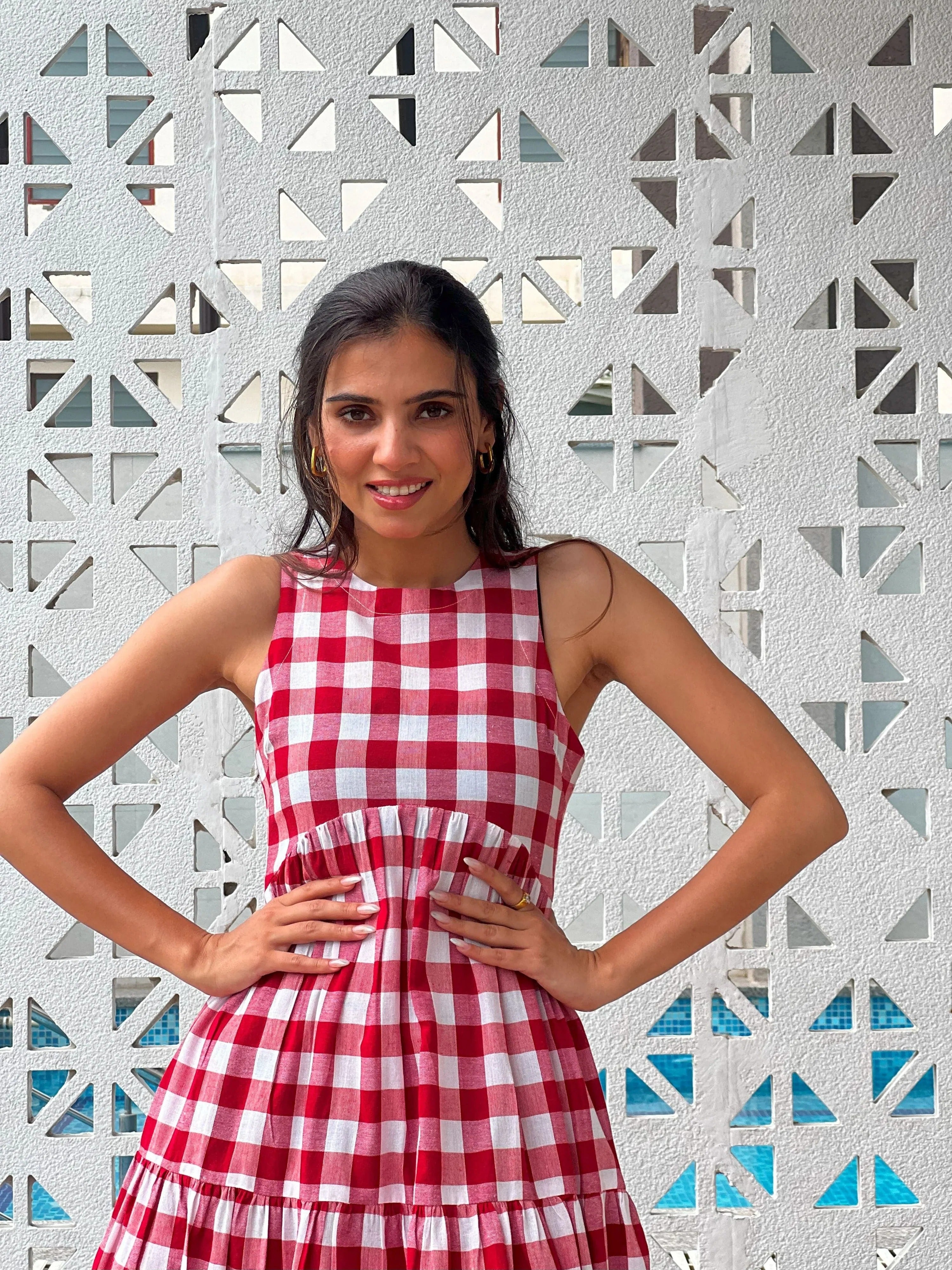 Sugnaa Classic A-Line Gingham Dress - White & Red