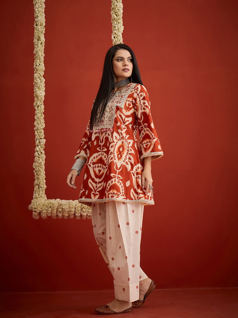 Stylum Women's Rust Ikat Printed & Embroidered Cotton A-Line Short Kurti With Farshi Slawar Set
