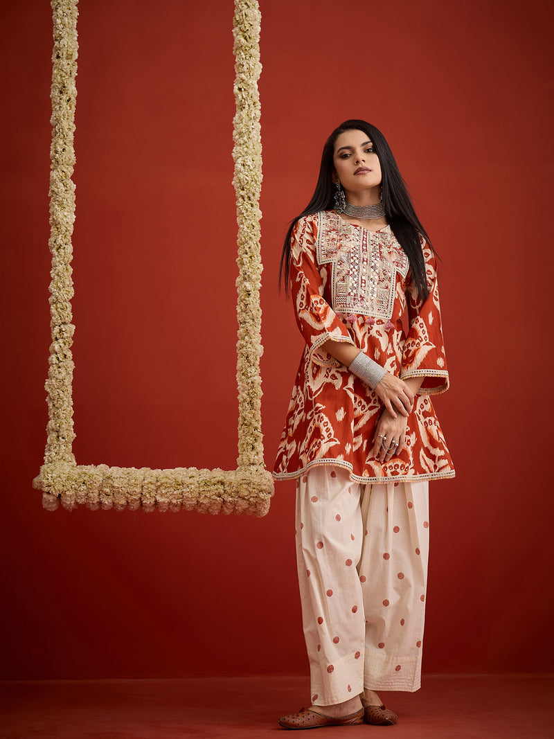 Stylum Women's Rust Ikat Printed & Embroidered Cotton A-Line Short Kurti With Farshi Slawar Set