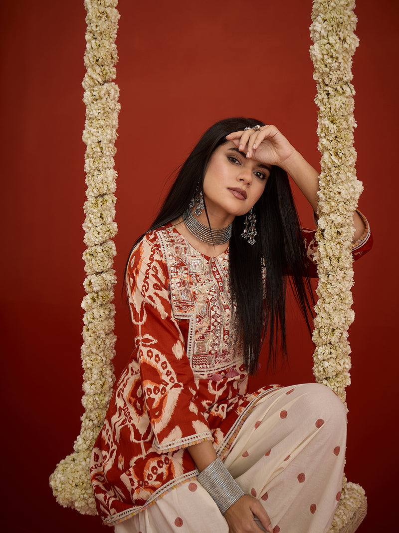 Stylum Women's Rust Ikat Printed & Embroidered Cotton A-Line Short Kurti With Farshi Slawar Set