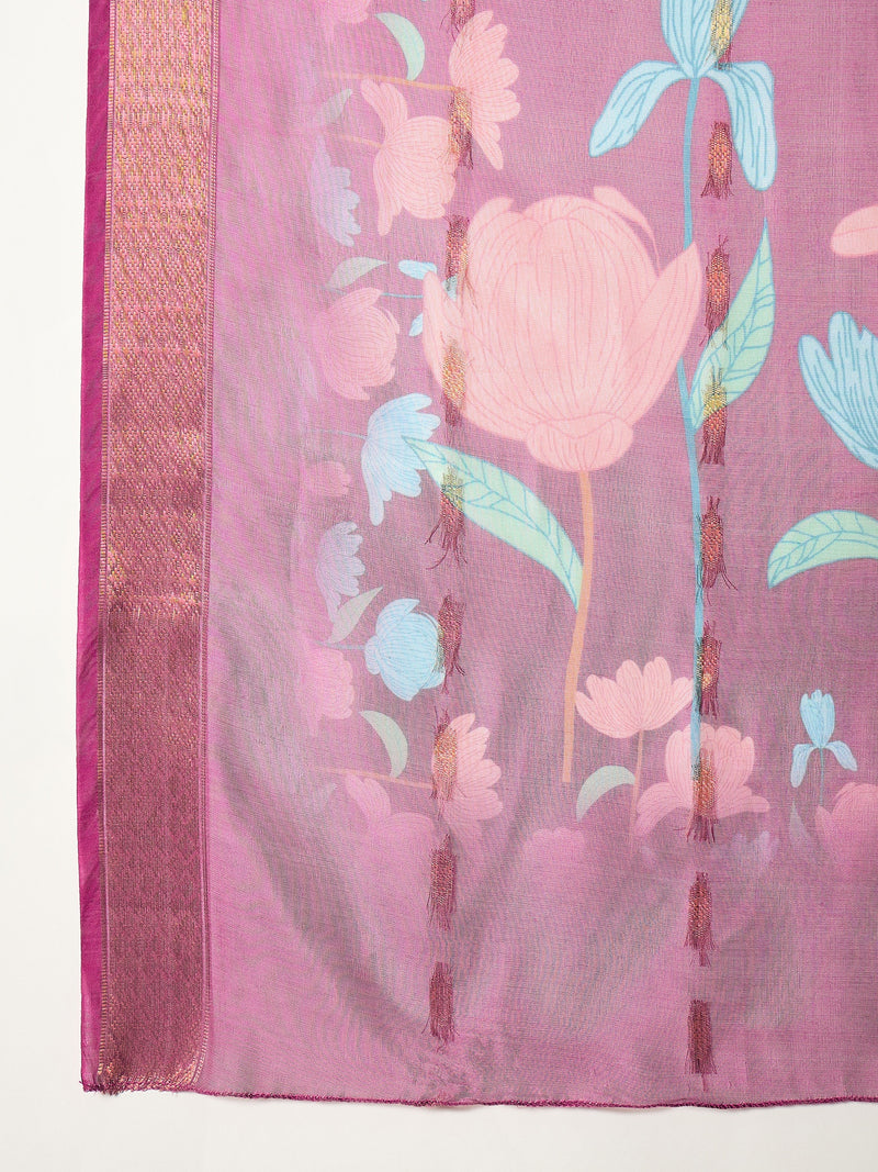 Stylum Women's Floral Printed & Embroidered Rayon Anarkali Kurta Pant Dupatta Set