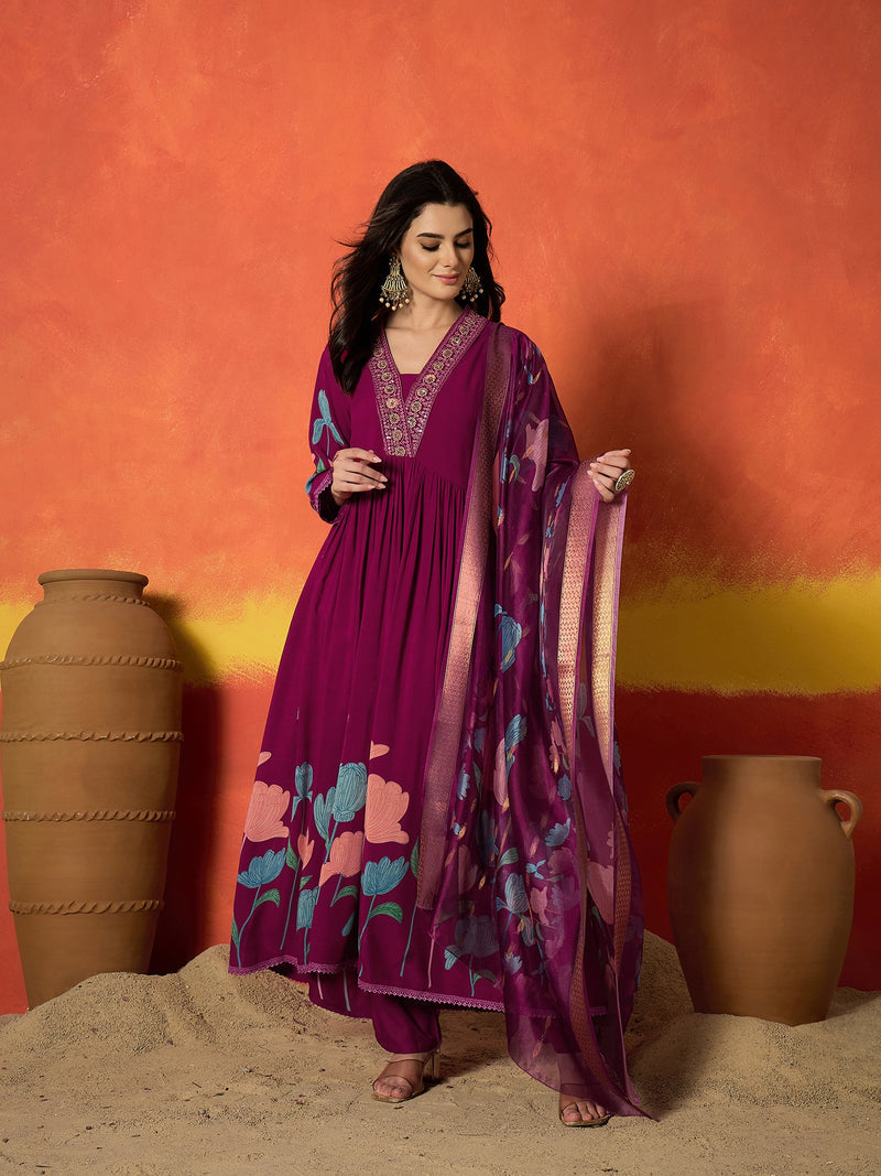 Stylum Women's Floral Printed & Embroidered Rayon Anarkali Kurta Pant Dupatta Set