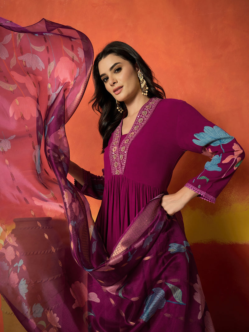 Stylum Women's Floral Printed & Embroidered Rayon Anarkali Kurta Pant Dupatta Set
