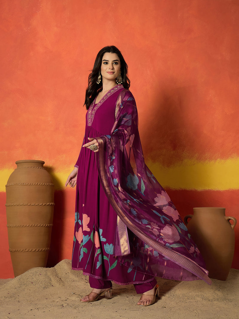 Stylum Women's Floral Printed & Embroidered Rayon Anarkali Kurta Pant Dupatta Set