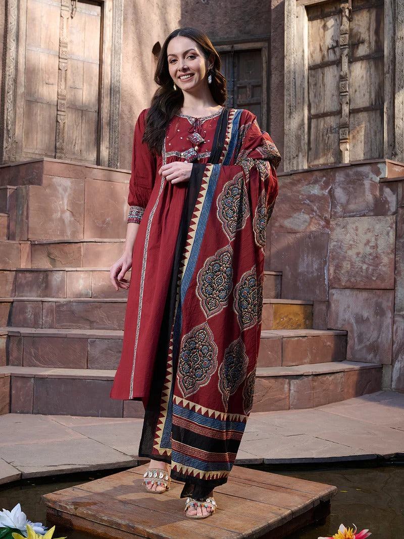 Stylum Women Regular Sequinned Pure Cotton Kurta with Trousers & With Dupatta