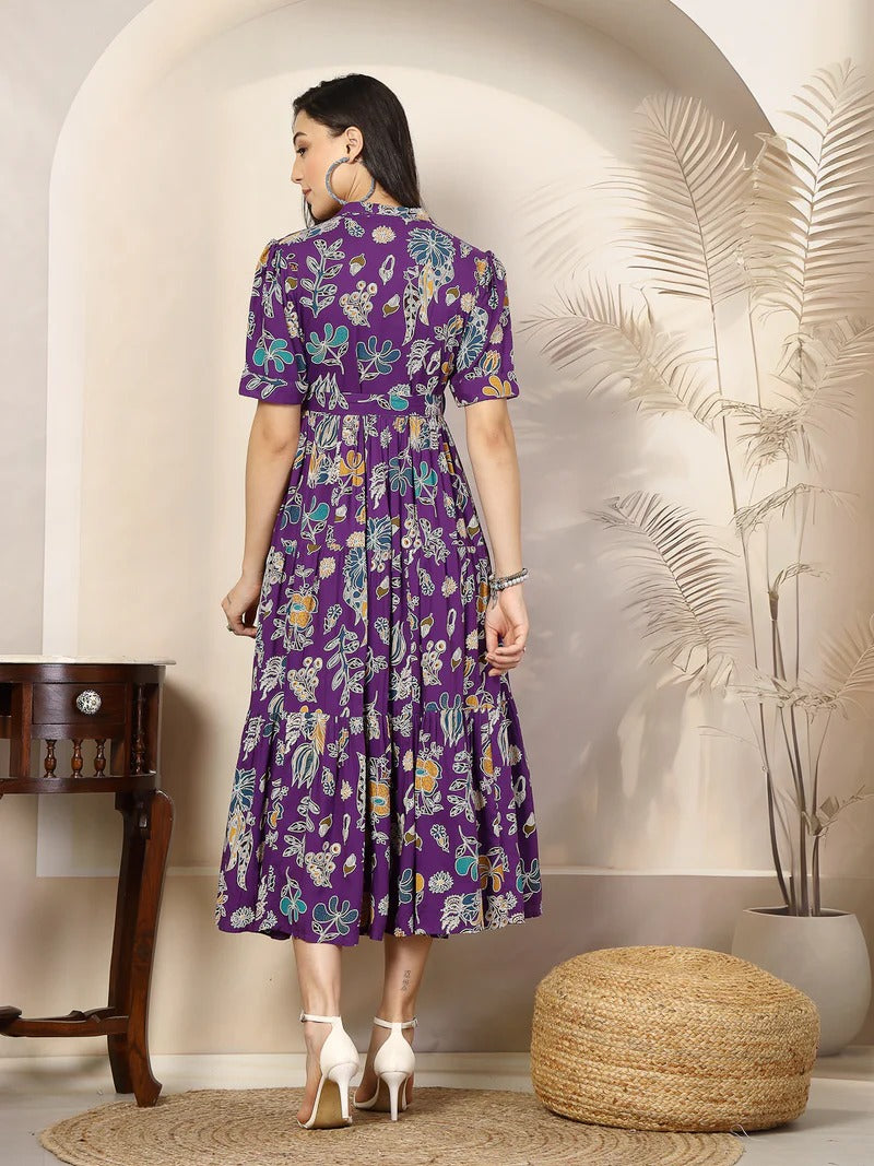 Stylum Women's Voilet Tropical Printed Rayon Tiered Dress