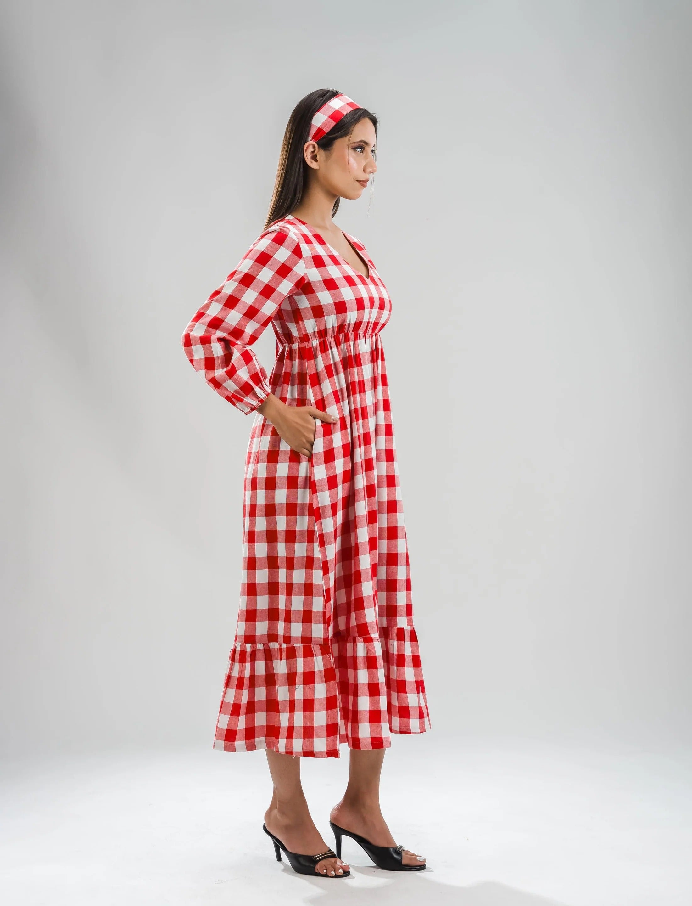 Sugnaa Classic Balloon Sleeve Gingham Full Dress - Red