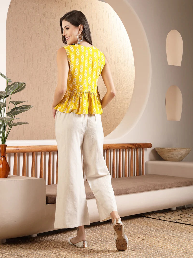 Stylum Women's Yellow Ikat Printed Rayon Co-Ord Set