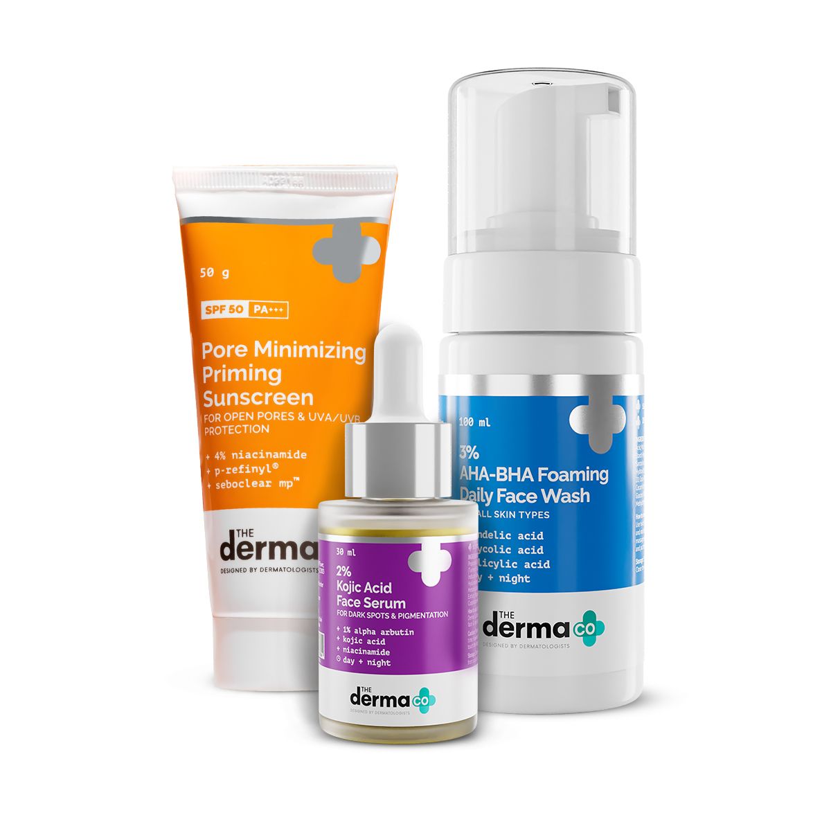 Derma Co Dark Spots Kit (3% AHA+BHA Foaming Daily Face Wash + 2% Kojic Acid Face Serum + Pore Minimizing Priming Sunscreen)