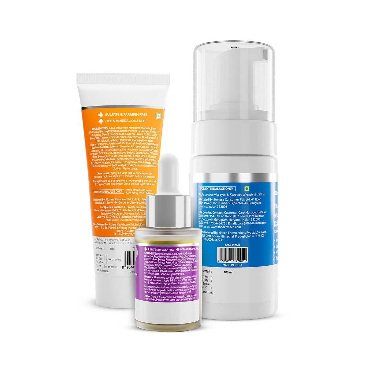 Derma Co Dark Spots Kit (3% AHA+BHA Foaming Daily Face Wash + 2% Kojic Acid Face Serum + Pore Minimizing Priming Sunscreen)