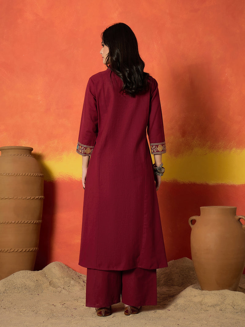 Stylum Women's Solid & Embroidered Cotton Flex A-Line Kurta Palazzo Set