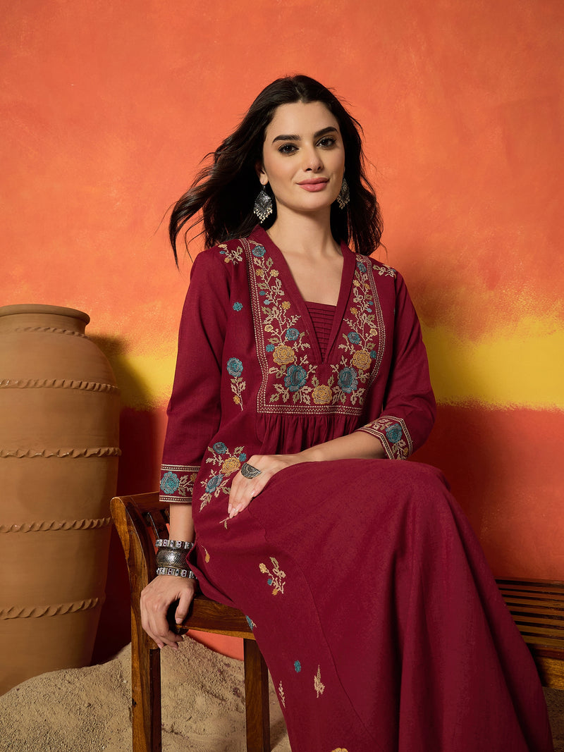 Stylum Women's Solid & Embroidered Cotton Flex A-Line Kurta Palazzo Set