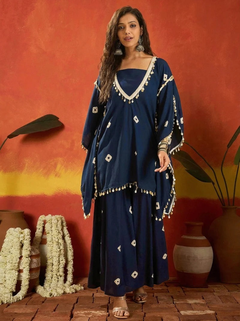 Stylum Women's Bandhej Printed Rayon Kaftan Tube Top Sharara Set