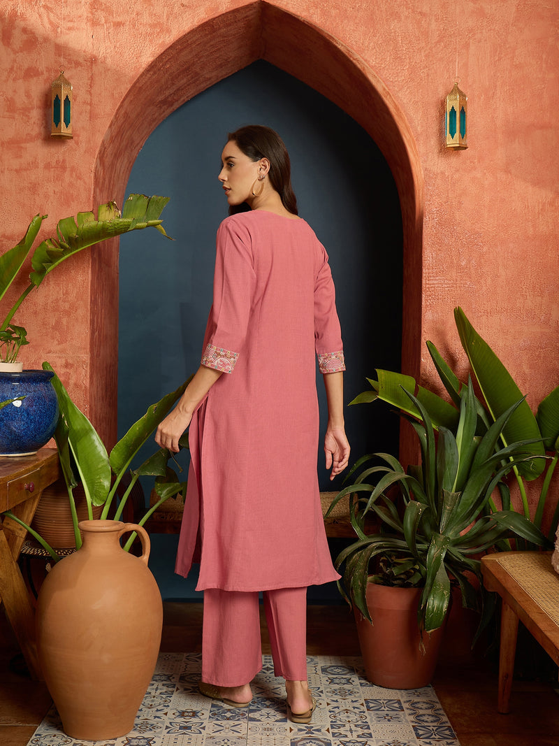 Stylum Women's Solid & Embroidered Cotton Flex A-Line Kurta Pant Set