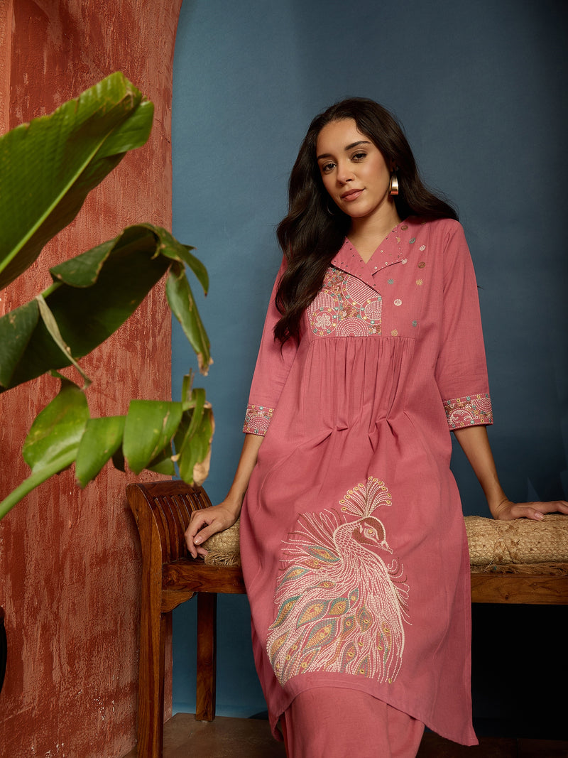 Stylum Women's Solid & Embroidered Cotton Flex A-Line Kurta Pant Set