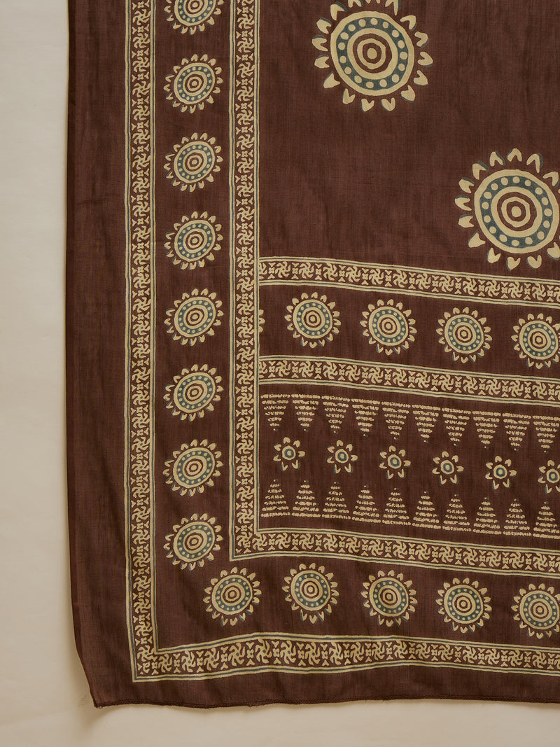 Stylum Women's Brown Solid & Embroidered Cotton A-Line Kurta Pant Dupatta Set