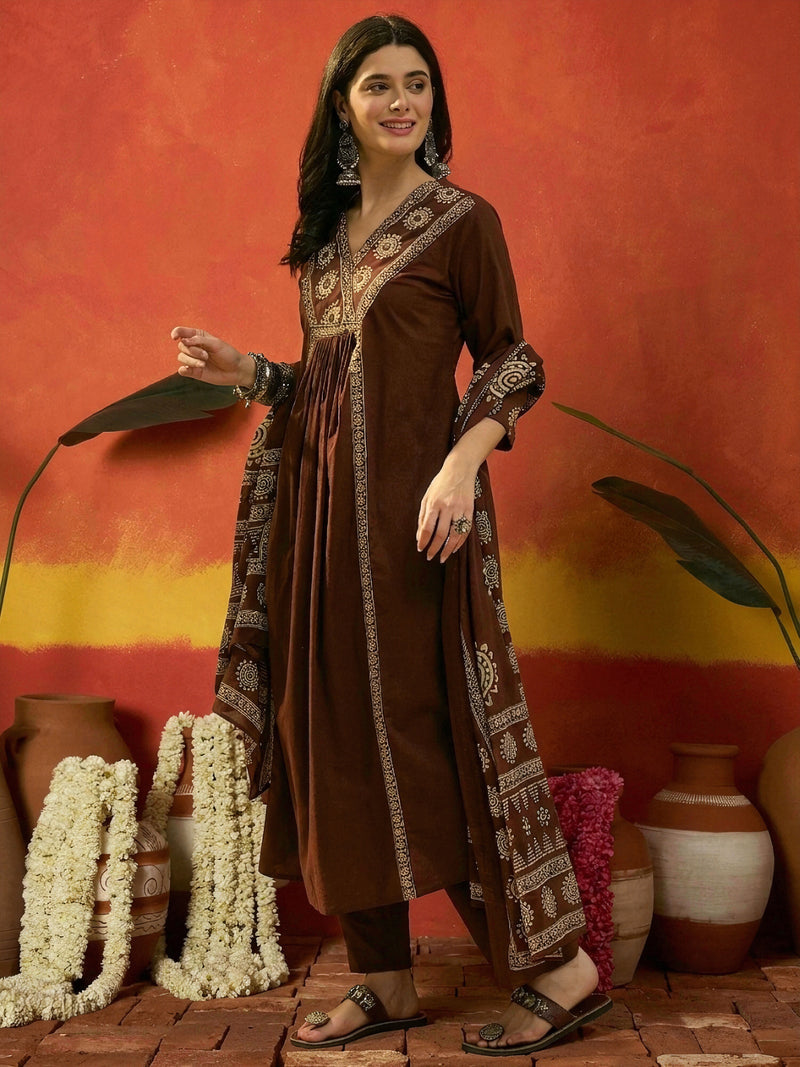 Stylum Women's Brown Solid & Embroidered Cotton A-Line Kurta Pant Dupatta Set