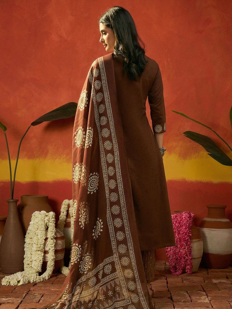 Stylum Women's Brown Solid & Embroidered Cotton A-Line Kurta Pant Dupatta Set