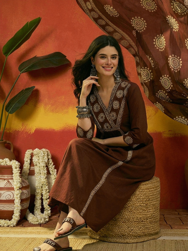Stylum Women's Brown Solid & Embroidered Cotton A-Line Kurta Pant Dupatta Set