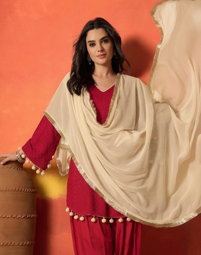 Stylum Women's Chikankari Rayon A-Line Kurti Farshi Salwar With Dupatta Set