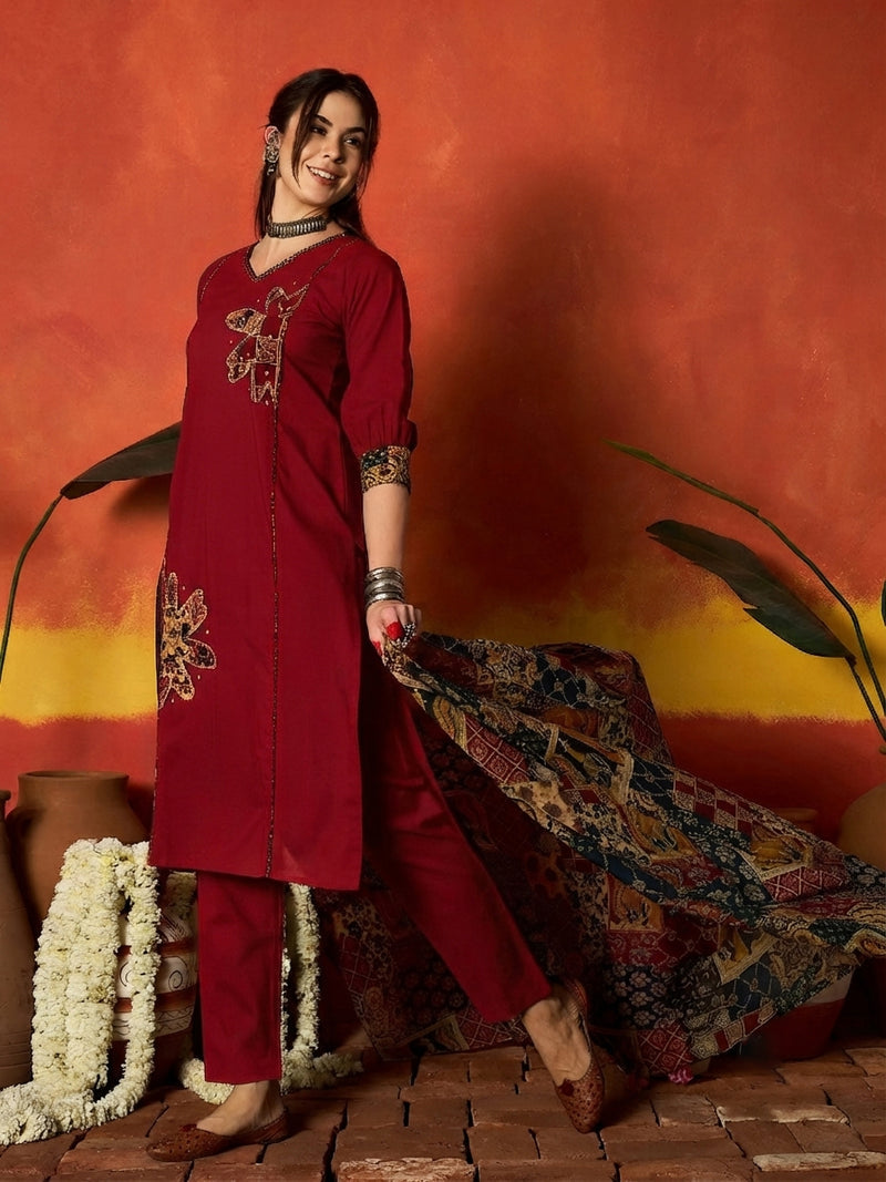 Stylum Women's Red Solid Cotton Straight Kurta Pant Dupatta Set