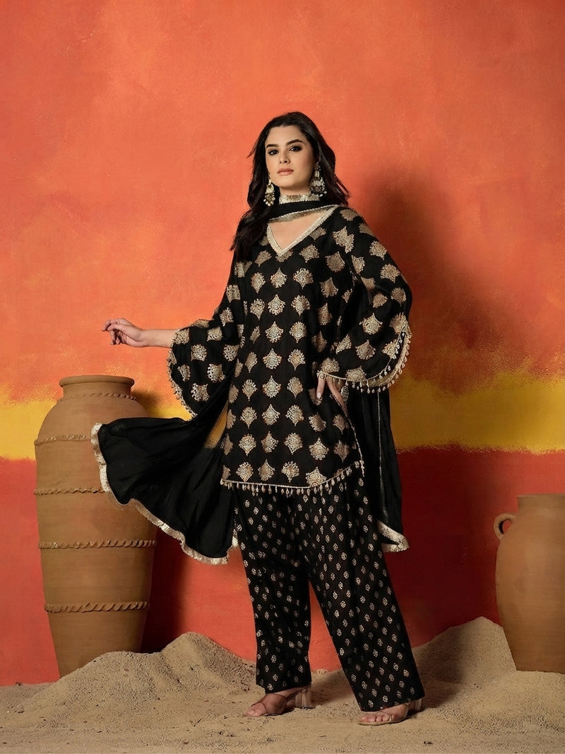 Stylum Women's Gold Printed Rayon A-Line Kurti Farshi Salwar With Dupatta