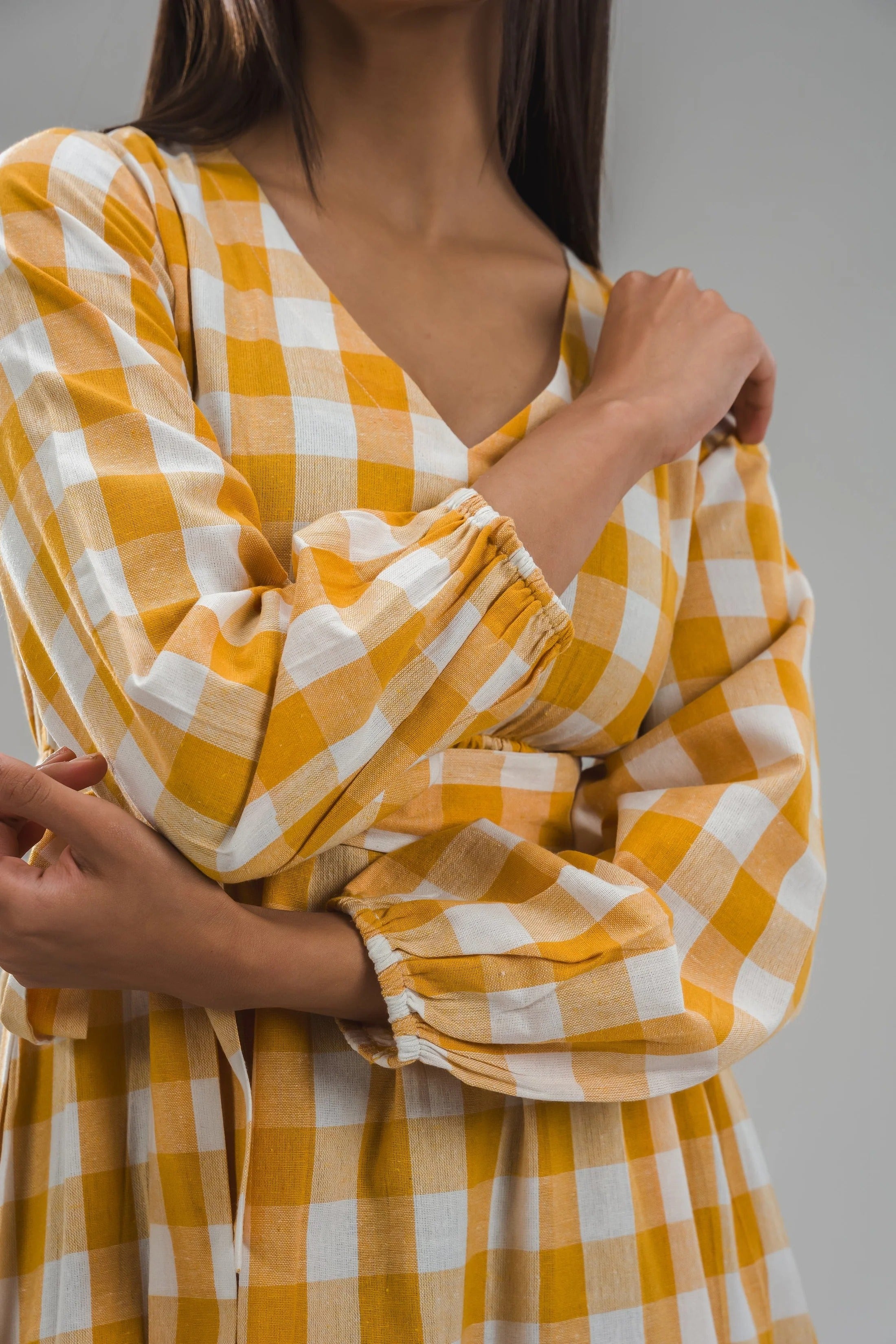 Sugnaa Classic Balloon Sleeve Gingham Full Dress - Orange