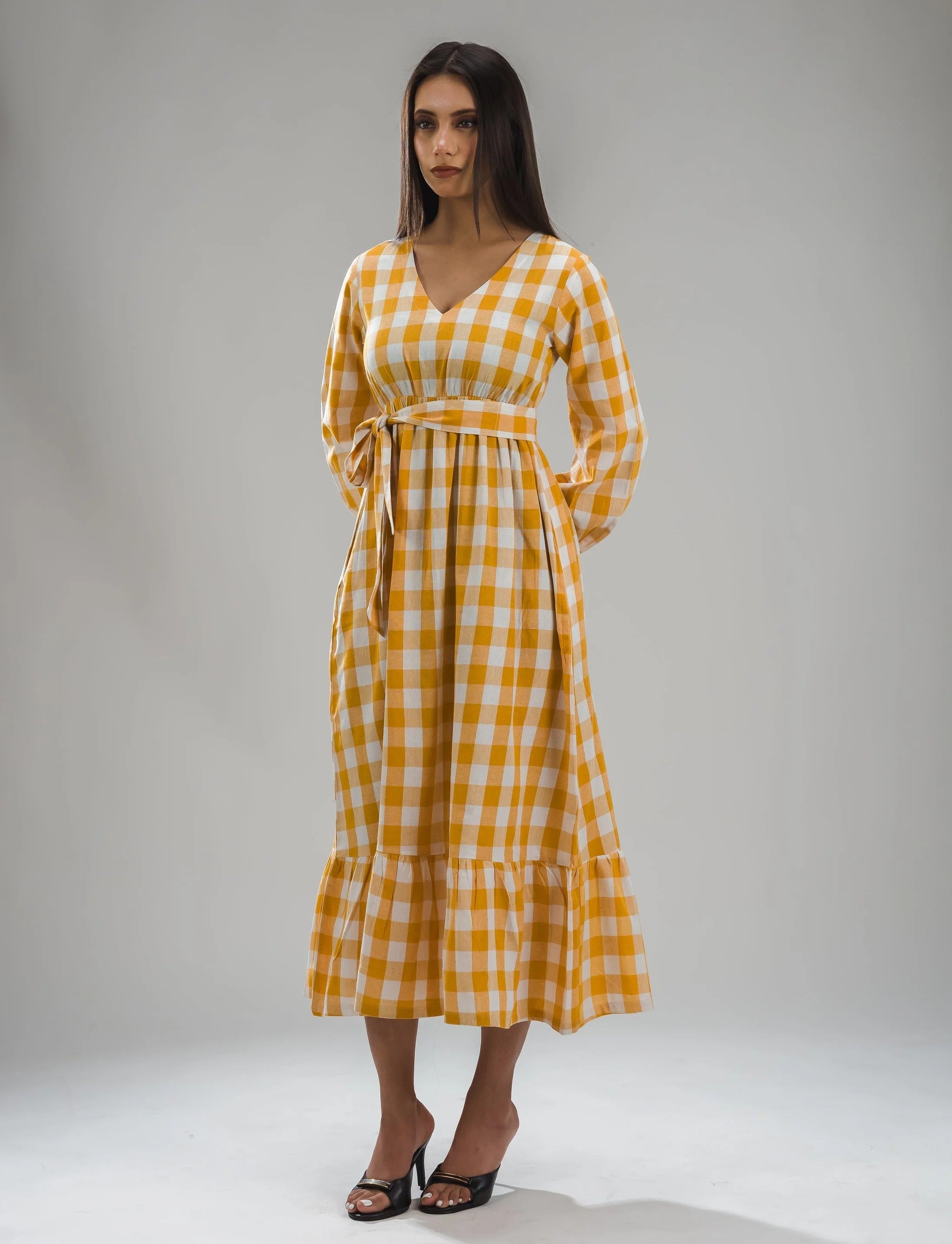 Sugnaa Classic Balloon Sleeve Gingham Full Dress - Orange