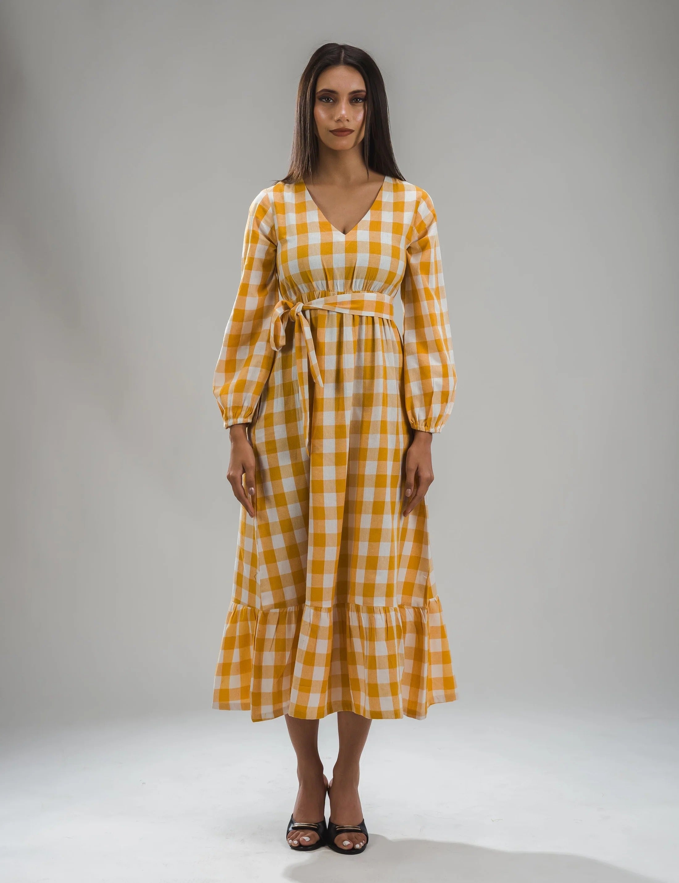 Sugnaa Classic Balloon Sleeve Gingham Full Dress - Orange
