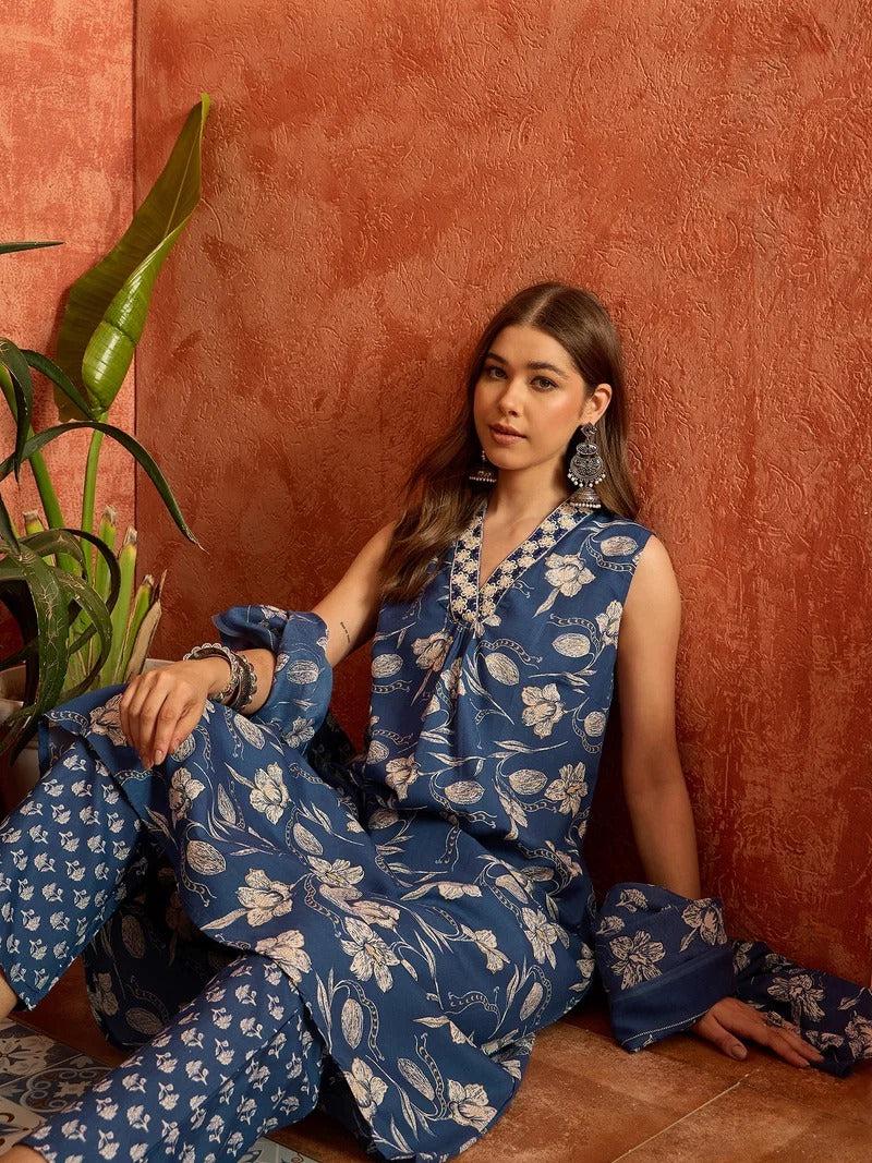 Stylum Women's Floral Printed Cotton A-Line Kurta Pant Dupatta Set