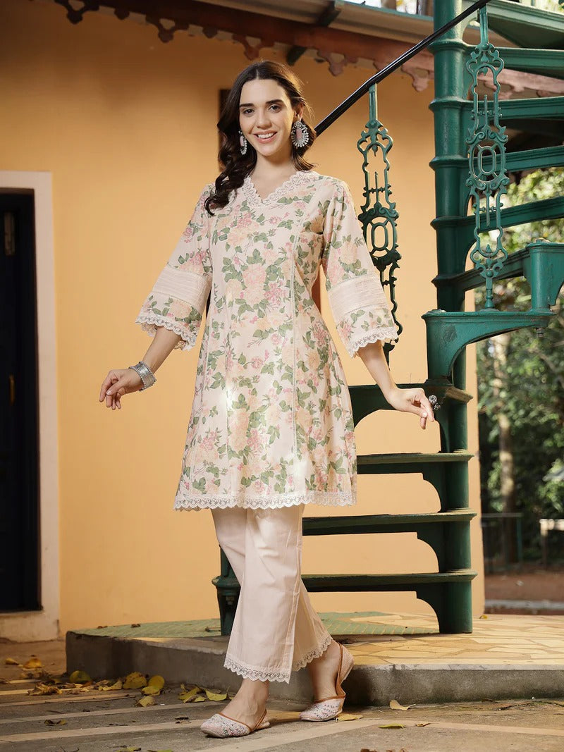 Stylum Floral Printed Cotton Tunic & Trousers Co-Ord Set