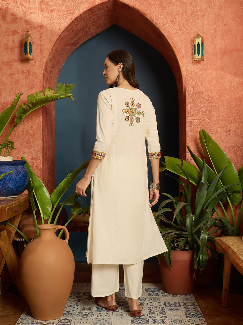 Stylum Women's Solid & Embroidered Cotton Flex A-Line Kurta Pant Set