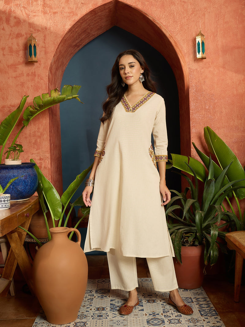 Stylum Women's Solid & Embroidered Cotton Flex A-Line Kurta Pant Set