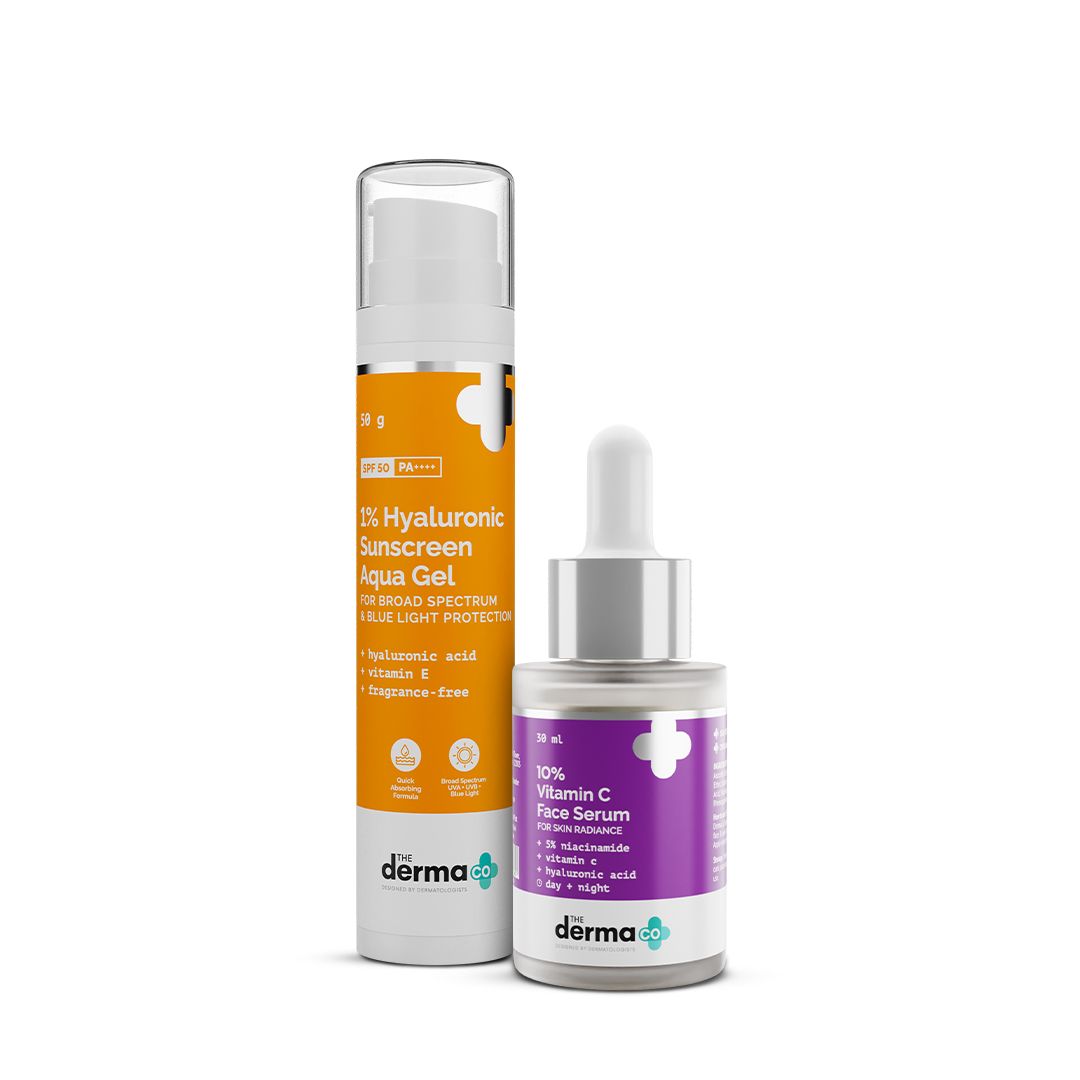 Derma Co Radiant Skin Combo (1% Hyaluronic Sunscreen Aqua Gel + 10% Vitamin C Face Serum 30ml Combo)
