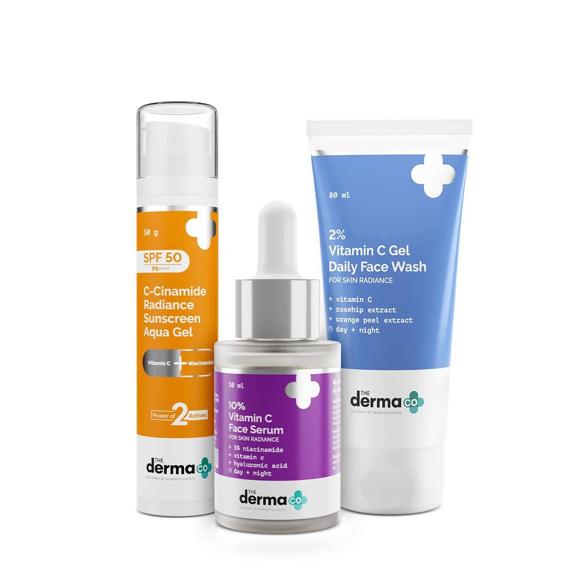 Derma Co Skin Brightening & Sun Protection Kit (2% Vitamin C Gel Daily Face Wash + 10% Vitamin C Face Serum + C-Cinamide Radiance Sunscreen Aqua Gel)