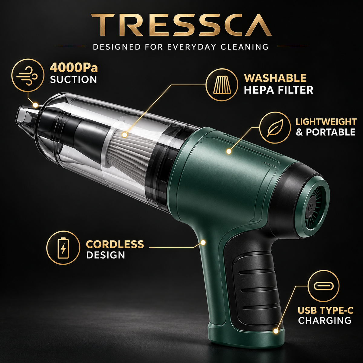 Tressca 4000Pa Cordless Handheld Vacuum Cleaner