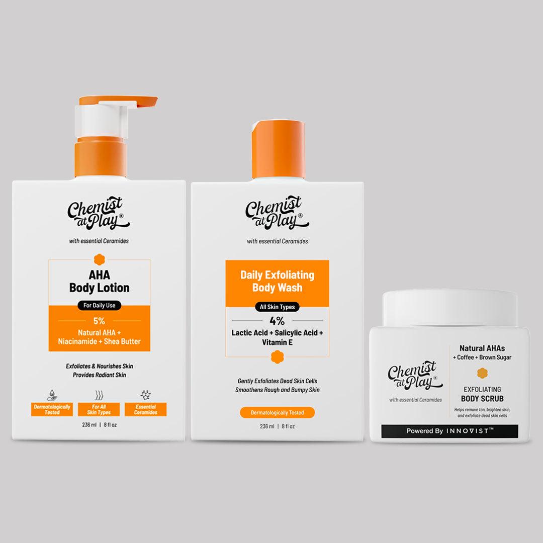 Chemist at Play Exfoliating Body Scrub Body Wash & AHA Body Lotion