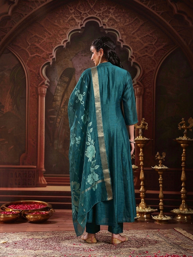 Stylum Women's Teal Solid & Embroidered Roman Silk A-Line Kurta Pant With Dupatta