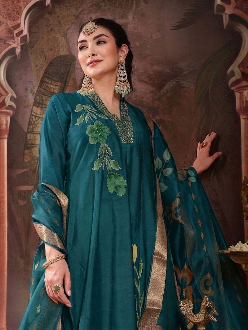 Stylum Women's Teal Solid & Embroidered Roman Silk A-Line Kurta Pant With Dupatta