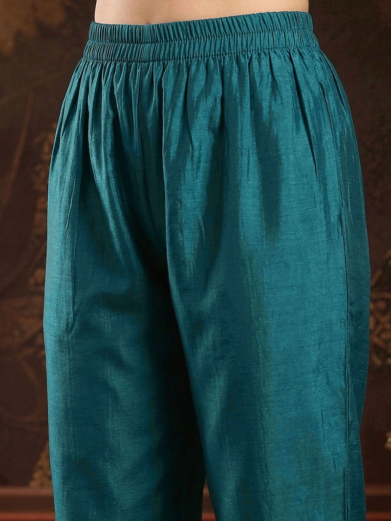Stylum Women's Teal Solid & Embroidered Roman Silk A-Line Kurta Pant With Dupatta