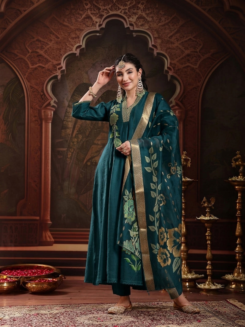 Stylum Women's Teal Solid & Embroidered Roman Silk A-Line Kurta Pant With Dupatta